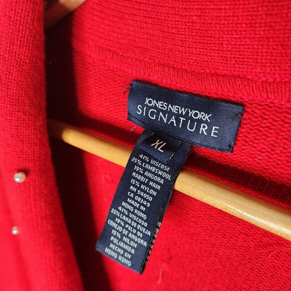Jones NY XL Red Beaded Cardigan Lambswool Angora Blend Collared Embellished - Picture 2 of 9